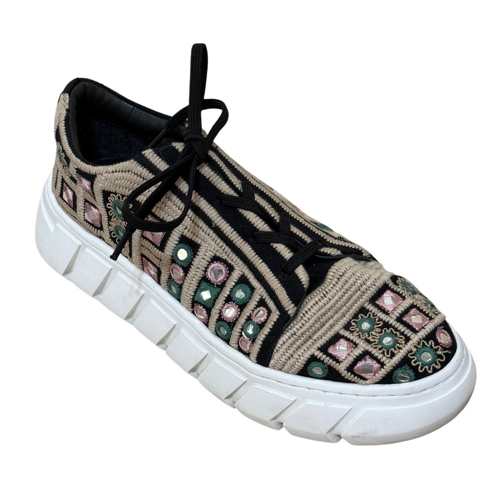 Free People Women Sneakers 40 Beige Catch Me If You Can Mirror Embroidered